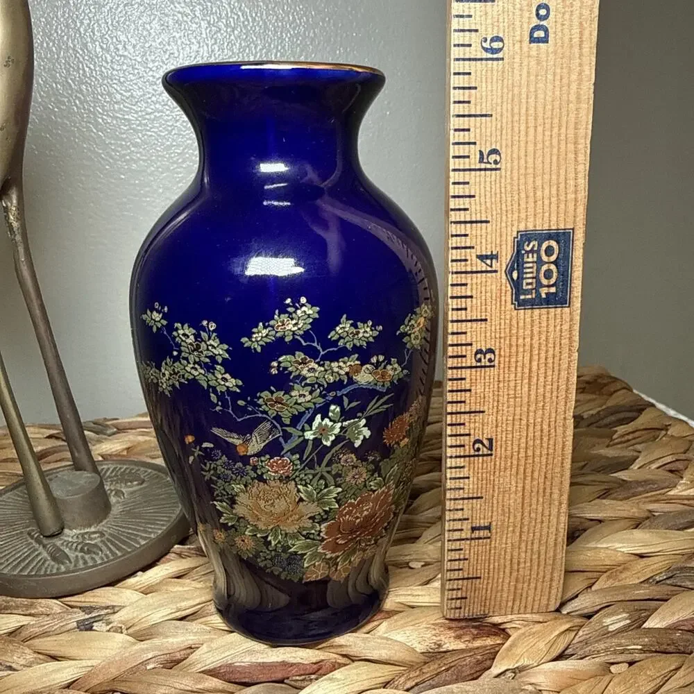 Vtg Asahi Japan Cobalt Blue Floral Bird Vase Gold Trim Chinoiserie 6